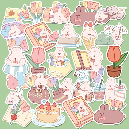 44pcs Cute Pink Rabbit Treasure Animals Stickers Children's Diy Stationery Computer Stickers Student Stationery