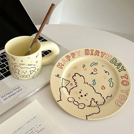 Korean Ins Ceramic Mug Kawaii Puppy Happy Birthday Coffee Cups and Saucers Cute Animal Dog Dinner Plates Cafe Dessert Plate Gift