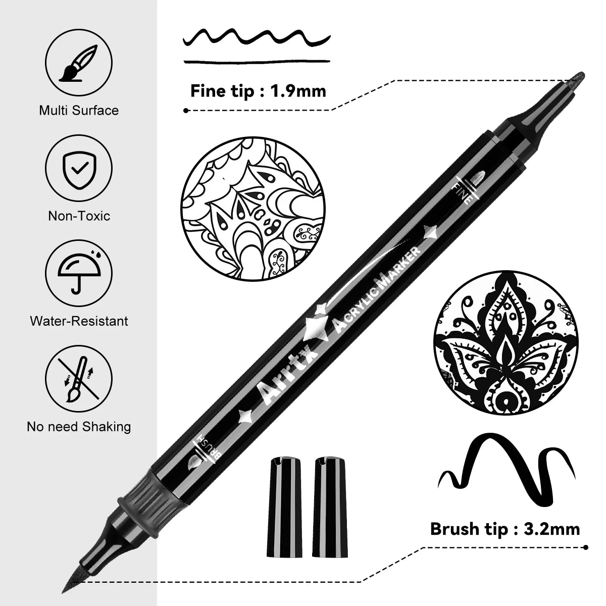 Arrtx Black Acrylic Paint Pens 8 Pack Brush and Fine Tip Paint Markers for Rock Painting Drawing, Wood, Graffiti, Canvas