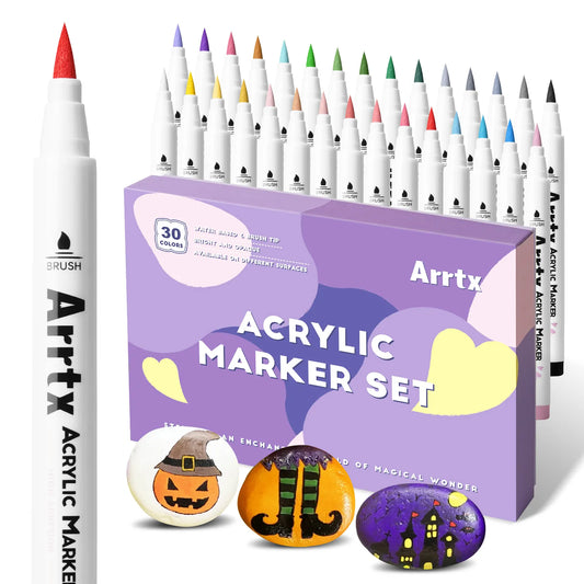 Arrtx 24/30/32 Colors  Acrylic Paint Marker Brush Tip Pens for Rock Stone Ceramic Porcelain Mug Wood Fabric Canvas Marking Pens