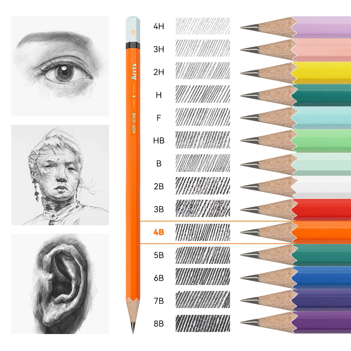 Arrtx 14Pcs/Set Professional Sketch Pencil HB B 2B 3B 4B 5B 6B 7B 8B Graphite Art Hand-Painted Pen School Stationery