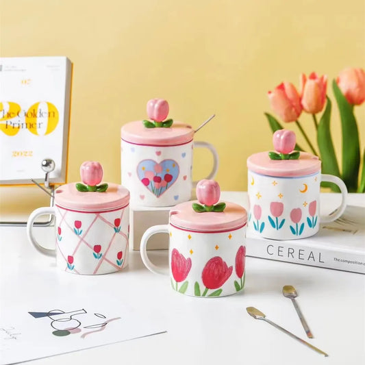 Cute Fresh Scoop With Lid Mug Hand-Painted Tulip Ins Girl Heart Creative High Beauty Gift With Hand Coffee Milk Ceramic Cup