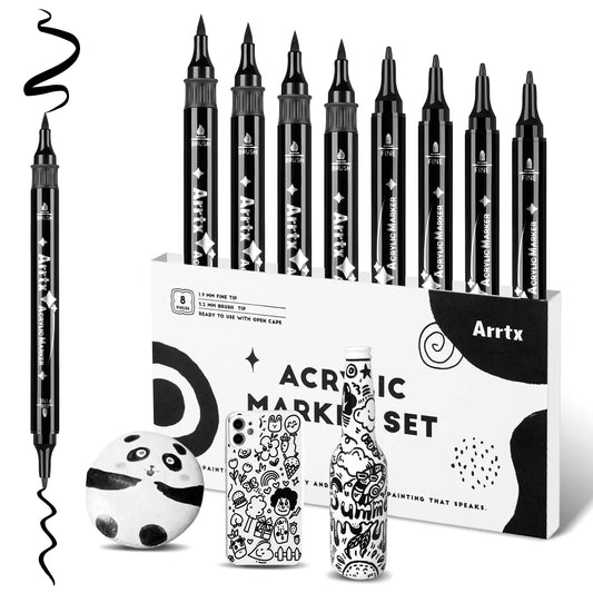 Arrtx Black Acrylic Paint Pens 8 Pack Brush and Fine Tip Paint Markers for Rock Painting Drawing, Wood, Graffiti, Canvas