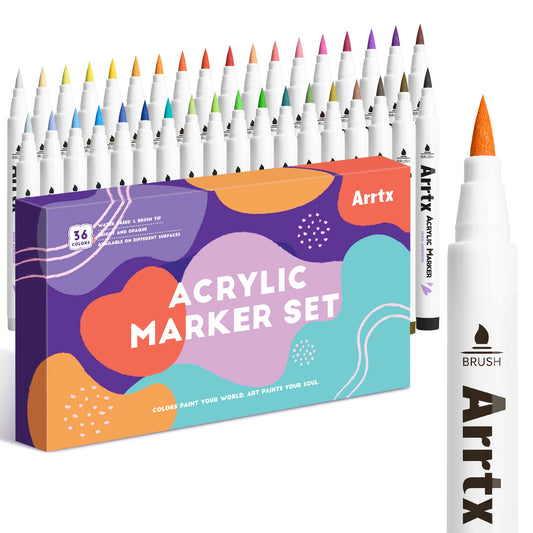 Arrtx 36 Colors  Acrylic Paint Marker Brush Tip Pens for Rock Stone Ceramic Porcelain Mug Wood Fabric Canvas Marking Pens