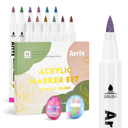 Arrtx 12 Metallic Colors Acrylic Marker, Brush Acrylic Pens for Rock Stone Ceramic Porcelain Mug Wood Fabric Canvas Painting