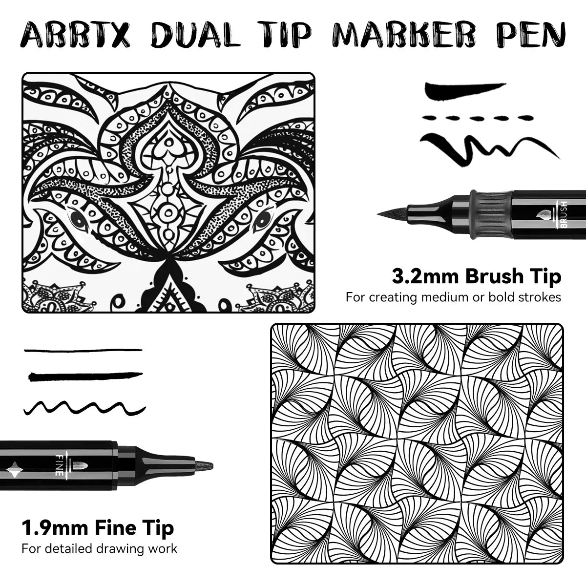 Arrtx Black Acrylic Paint Pens 8 Pack Brush and Fine Tip Paint Markers for Rock Painting Drawing, Wood, Graffiti, Canvas